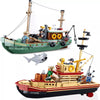 City Fishing Boat Vessel Trawlboat Model Building Blocks Set Pirate Ship Sea Fisher White Shark Figures MOC Toys