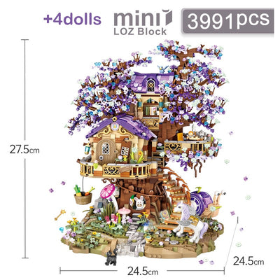 Mini Elf Tree House City Street View Building Blocks Cherry Blossom Model