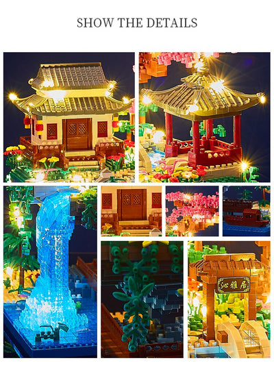 Tree House Diamond Building Garden Architecture Waterfall Light DIY Bricks Cherry Blossom Toy