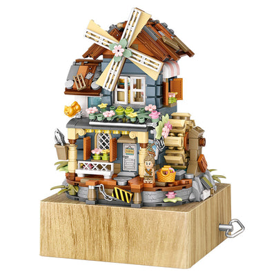 Classical windmill house music box music box small particles assembled building blocks