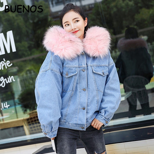 Large fur hood denim jacket plus velvet thick loose short lamb coat