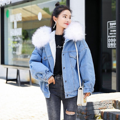 Large fur hood denim jacket plus velvet thick loose short lamb coat