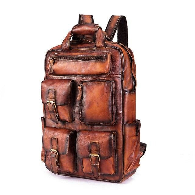 Vintage Crazy Horse Men Genuine Leather Backpack Multi-pocket