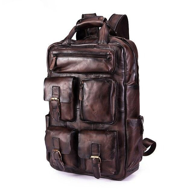 Vintage Crazy Horse Men Genuine Leather Backpack Multi-pocket