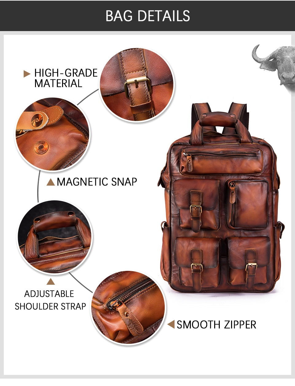 Vintage Crazy Horse Men Genuine Leather Backpack Multi-pocket