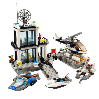 Police Station Building Blocks Prison Truck Helicopter Boat with Policemen Construction Bricks Toys