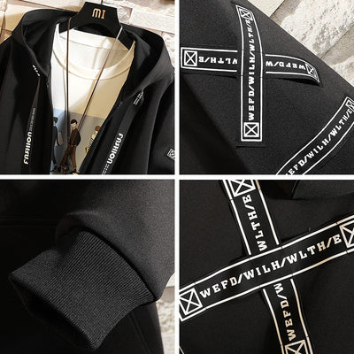 Men Hooded Jackets Print Harajuku Windbreaker Ribbon Overcoat Male Casual Outwear Hip Hop Streetwear Coats