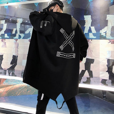 Men Hooded Jackets Print Harajuku Windbreaker Ribbon Overcoat Male Casual Outwear Hip Hop Streetwear Coats