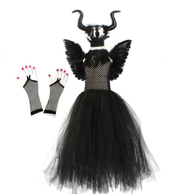 Girl's Deluxe Maleficent Black Dress Halloween Costume For Kids