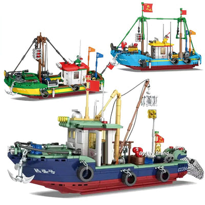 City Fishing Boat Vessel Trawl boat Building Blocks Model Pirate Ship Sea Fisher Figures MOC Toys