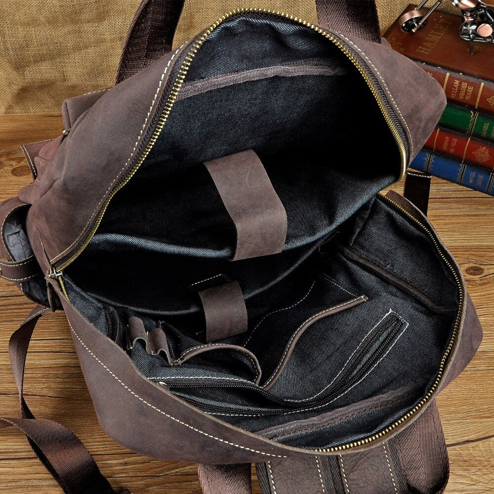 Vintage Crazy Horse Men Genuine Leather Backpack Multi-pocket