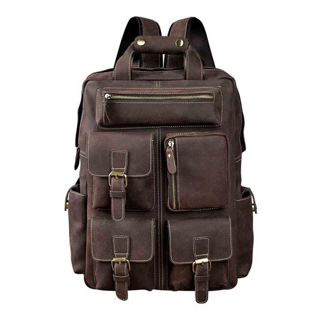 Vintage Crazy Horse Men Genuine Leather Backpack Multi-pocket