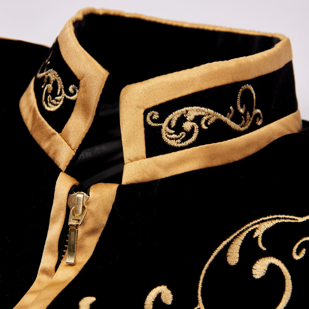 British Style Palace Prince Black Velvet Gold Embroidery Blaze Jacket - Top Sale Item