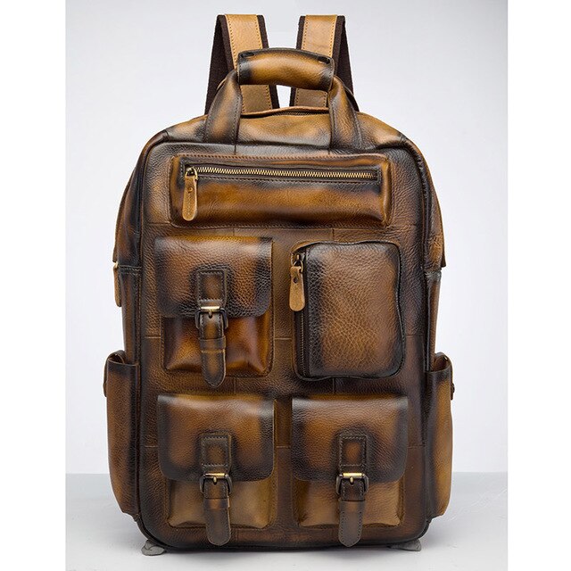 Vintage Crazy Horse Men Genuine Leather Backpack Multi-pocket