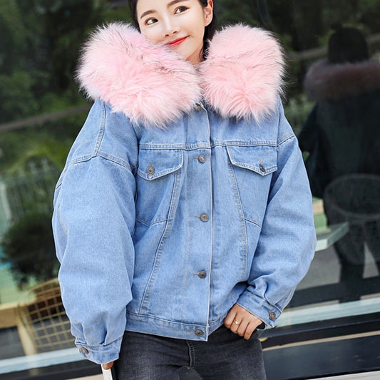 Winter Fur Denim Jacket Women Fashion Faux Rabbit Fur Blue Jeans Jacket