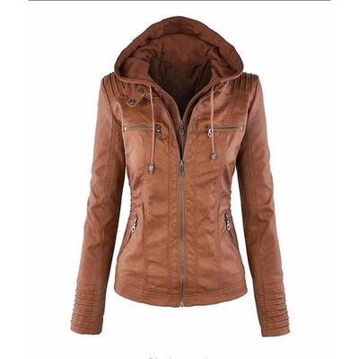 Faux Leather Hooded Spring Jacket Women Autumn Motorcycle Jacket - Top Sale Item