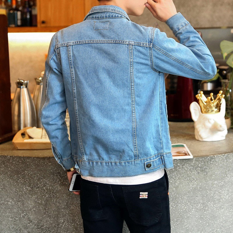 Spring Autumn Mens Denim Jacket Mens Trendy Fashion Bomber Thin Ripped Denim Jacket